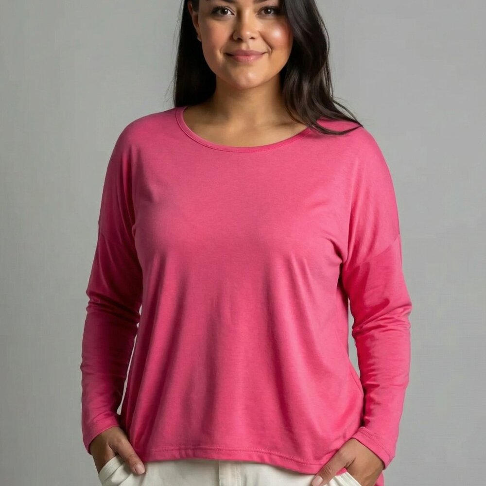 Uget Women's Pink Longline High Low Hem Long Sleeve Casual Top Plus Size XXL